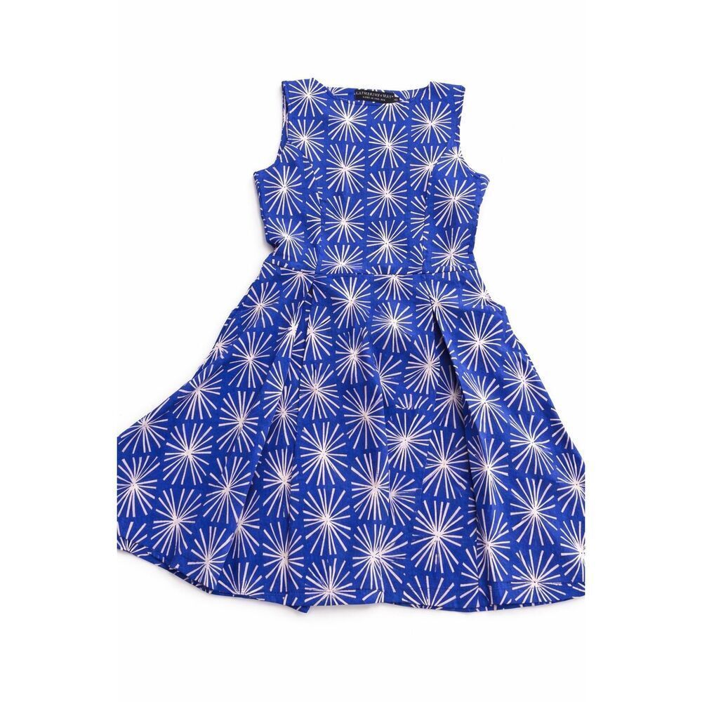 NWT Katherine Way Blue White Geometric Retro Dress Size XS New